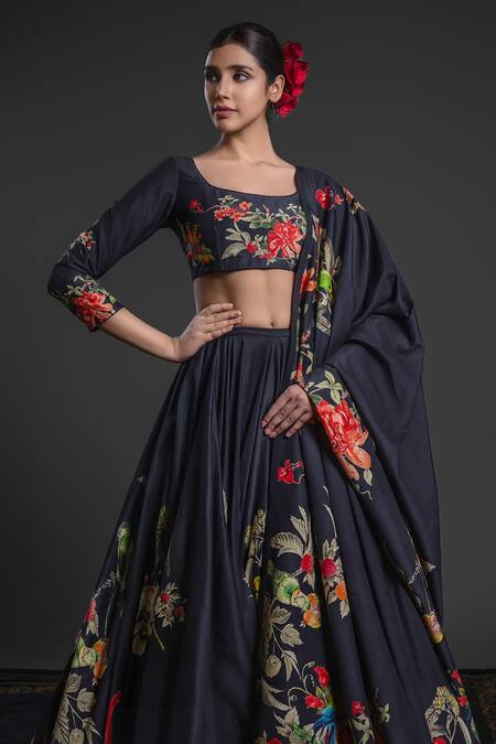 Buy_Rohit Bal_Black Chanderi Embroidery Round Neck Floral Print Lehenga Set _Online_at_Aza_Fashions