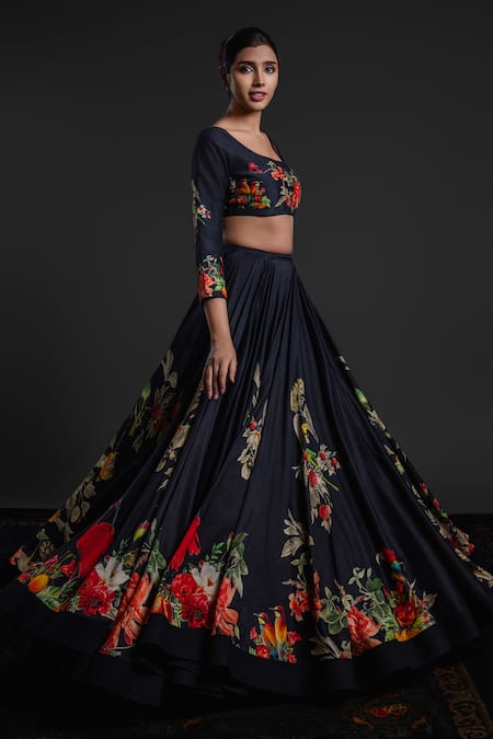 Shop_Rohit Bal_Black Chanderi Embroidery Round Neck Floral Print Lehenga Set _Online_at_Aza_Fashions