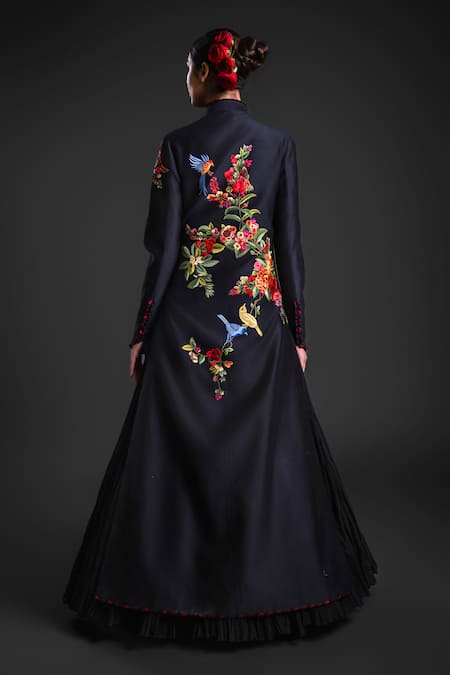 Shop_Rohit Bal_Black Chanderi Embroidery Collared Floral Blossom Anarkali Jacket _at_Aza_Fashions