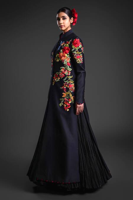 Rohit Bal_Black Chanderi Embroidery Collared Floral Blossom Anarkali Jacket _Online_at_Aza_Fashions