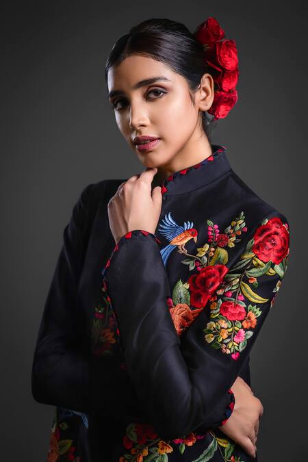 Buy_Rohit Bal_Black Chanderi Embroidery Collared Floral Blossom Anarkali Jacket _Online_at_Aza_Fashions