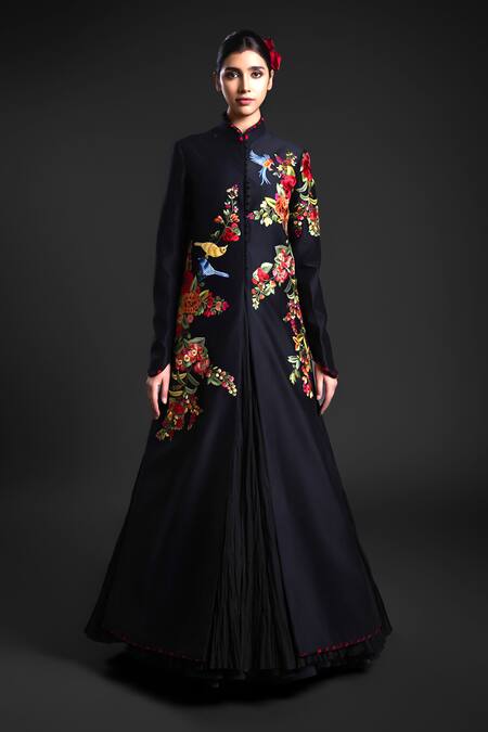 Shop_Rohit Bal_Black Chanderi Embroidery Collared Floral Blossom Anarkali Jacket _Online_at_Aza_Fashions