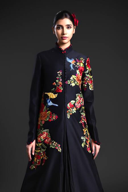 Rohit Bal_Black Chanderi Embroidery Collared Floral Blossom Anarkali Jacket _at_Aza_Fashions