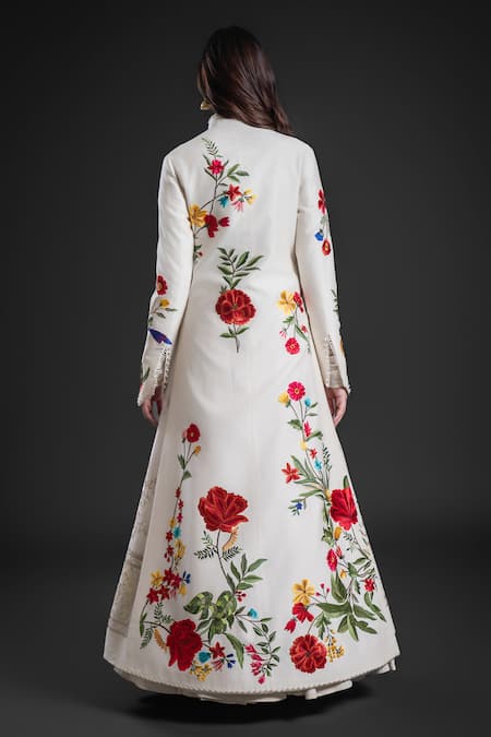 Shop Rohit Bal Ivory Chanderi Embroidery Collared Floral Anarkali Jacket at Aza Fashions Shop_Rohit Bal_Ivory Chanderi Embroidery Collared Floral Anarkali Jacket _at_Aza_Fashions