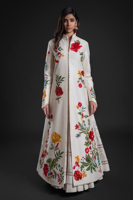 Rohit Bal Ivory Chanderi Embroidery Collared Floral Anarkali Jacket Online at Aza Fashions Rohit Bal_Ivory Chanderi Embroidery Collared Floral Anarkali Jacket _Online_at_Aza_Fashions
