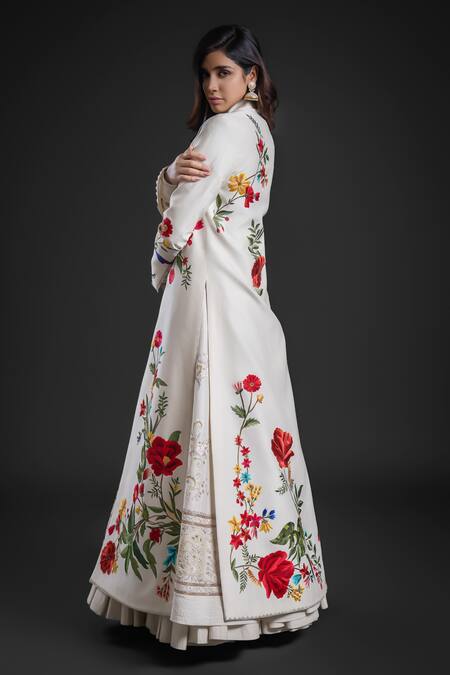 Shop Rohit Bal Ivory Chanderi Embroidery Collared Floral Anarkali Jacket Online at Aza Fashions Shop_Rohit Bal_Ivory Chanderi Embroidery Collared Floral Anarkali Jacket _Online_at_Aza_Fashions