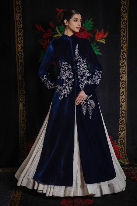 Rohit Bal_Blue Velvet Embroidery Collared Floral Vine Jacket _Online_at_Aza_Fashions