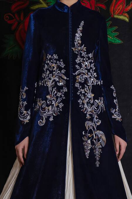 Buy_Rohit Bal_Blue Velvet Embroidery Collared Floral Vine Jacket _Online_at_Aza_Fashions