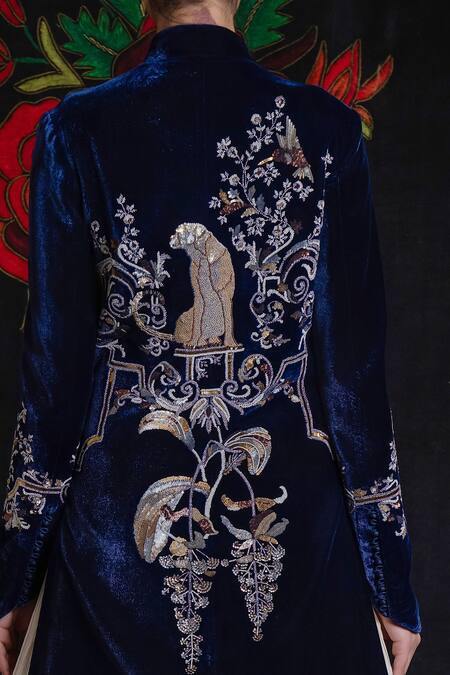 Shop_Rohit Bal_Blue Velvet Embroidery Collared Floral Vine Jacket _Online_at_Aza_Fashions