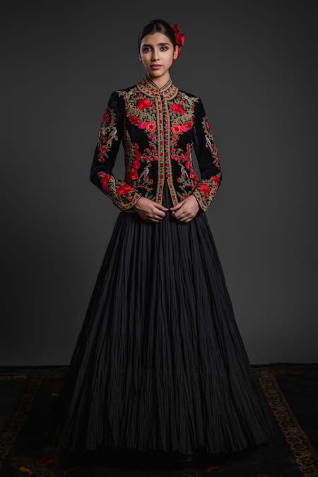 Rohit Bal Black Velvet Embroidery Floral Collared Vine Short Jacket 