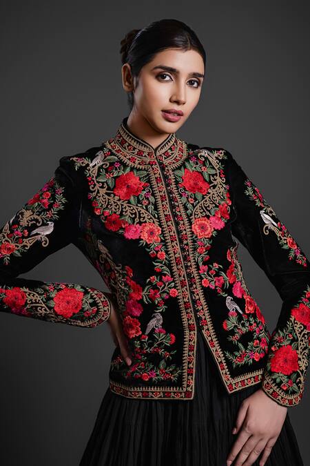 Rohit Bal_Black Velvet Embroidery Collared Floral Vine Short Jacket _Online_at_Aza_Fashions