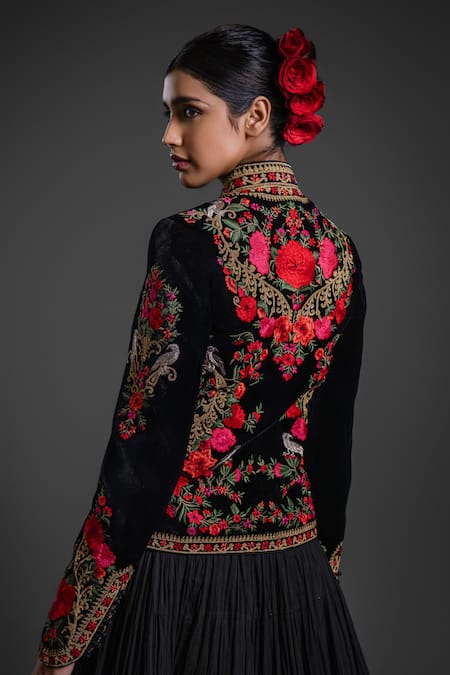 Buy_Rohit Bal_Black Velvet Embroidery Collared Floral Vine Short Jacket _Online_at_Aza_Fashions