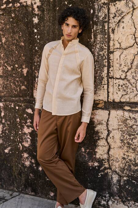 Dash And Dot_Gold Cotton, Silk, Linen Irregular Pintuck Pleated Shirt _at_Aza_Fashions