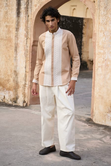 Shop_Dash And Dot_Beige 100% Organic Cotton Embroidered Thread Fine Shirt _Online_at_Aza_Fashions