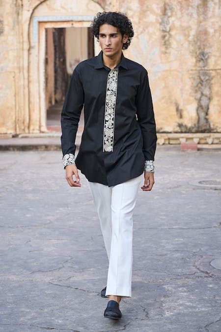 Shop_Dash And Dot_Black Cotton Embroidery Floral Long Shirt _Online_at_Aza_Fashions
