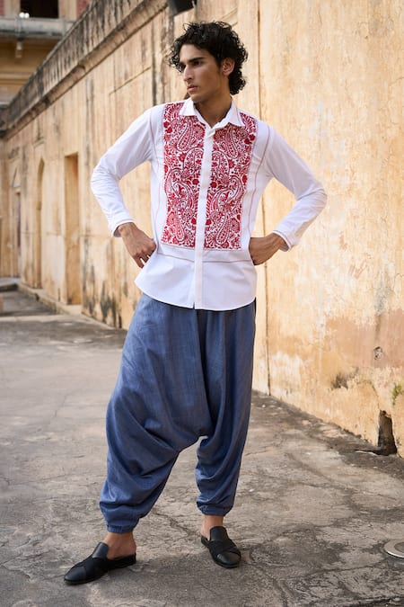 Buy_Dash And Dot_White 100% Organic Cotton Embroidered Thread Bib Shirt 