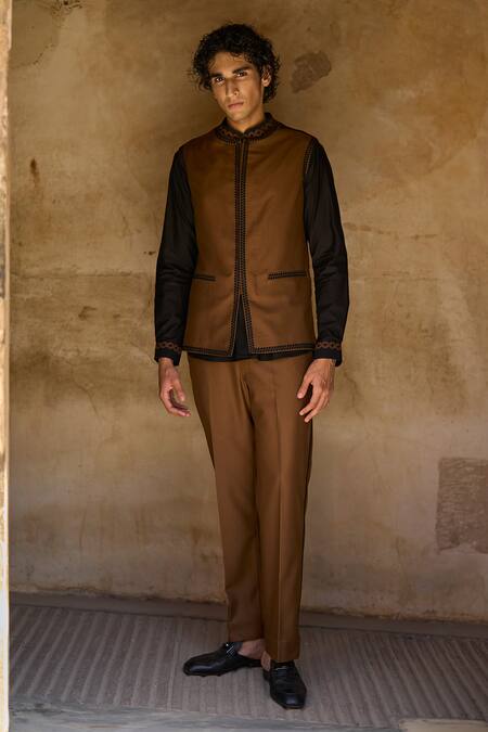 Buy Dash And Dot Brown Viscose, Polyester Embroidery Bandi Jacket And Shirt Set Online at Aza Fashions Buy_Dash And Dot_Brown Viscose, Polyester Embroidery Bandi Jacket And Shirt Set _Online_at_Aza_Fashions
