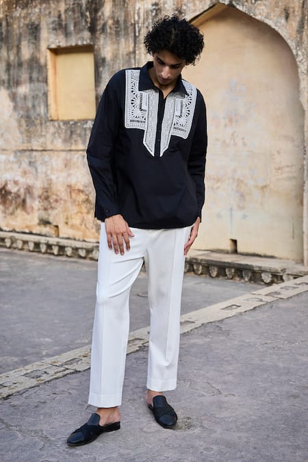 Shop_Dash And Dot_Black Cotton Lace Patch Popover Shirt _Online_at_Aza_Fashions