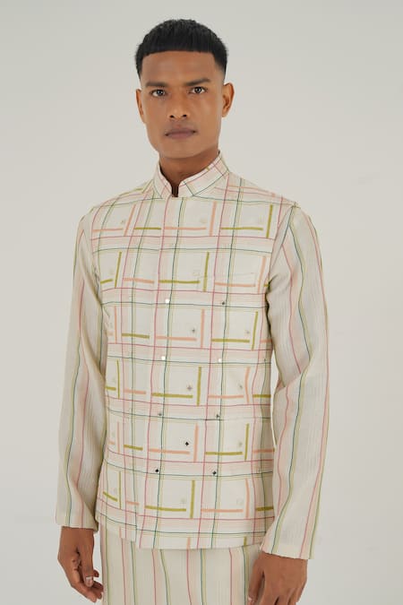 Dhruv Vaish Silk Checkered Embroidered Jawahar Jacket 