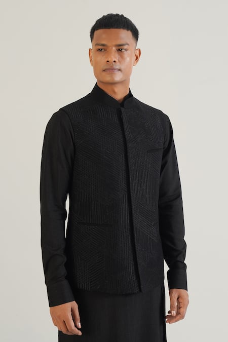 Dhruv Vaish Lace Embroidered Black Jawahar Jacket 