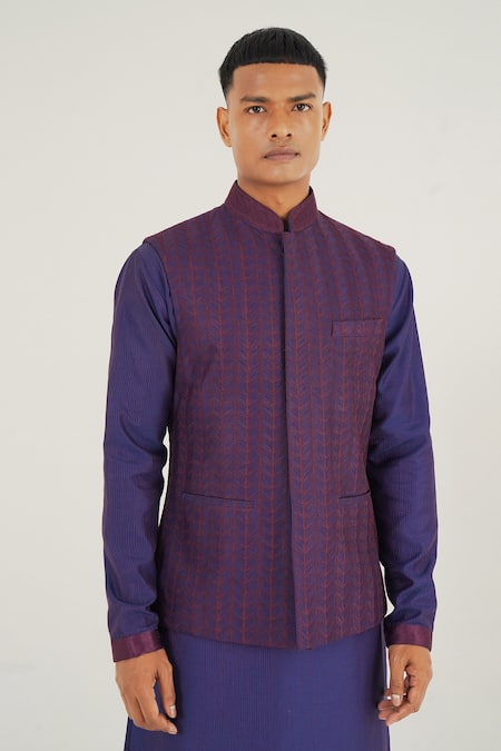 Dhruv Vaish Blue Silk Embroidery Thread Jawahar Jacket 