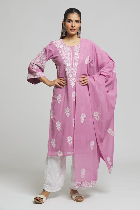 Buy Samyukta Singhania Purple Cotton Embroidery Round Neck Chikankari Kurta With Dupatta Buy_Samyukta Singhania_Purple Cotton Embroidery Round Neck Chikankari Kurta With Dupatta