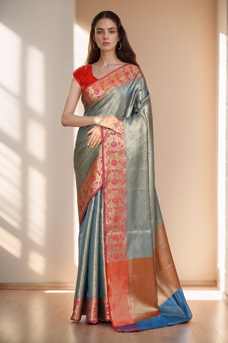 Khwaab by Sanjana Lakhani Blue Saree Banarasi Tissue Silk Woven Floral Stripe And With Running Blouse Piece 