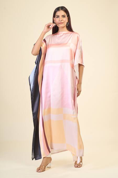 Buy_Naintara Bajaj_Multi Color Satin, Silk Boat Neck Pastel Hues Abstract Print Kaftan 