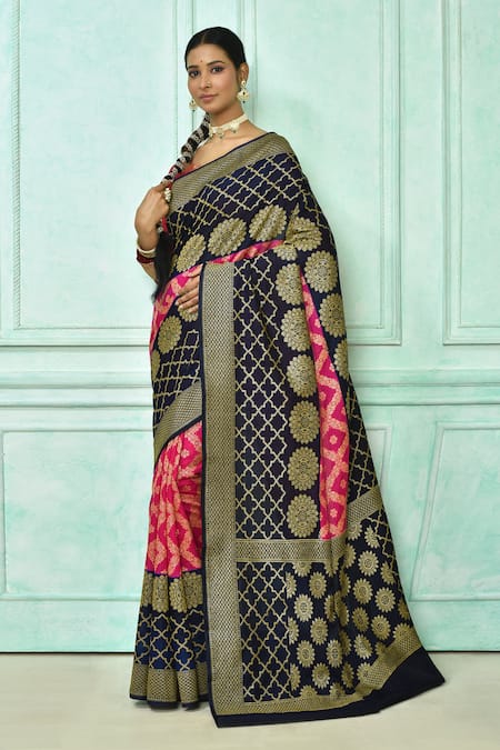 Shop_Samyukta Singhania_Pink Georgette Embroidery Floral Motifs Woven Banarasi Saree With Running Blouse_Online_at_Aza_Fashions