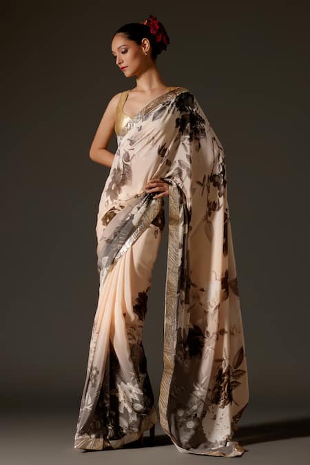 Rohit Bal_Cream Crepe Gota Patti Flower Blossom Print Saree And Unstitched Blouse Piece Set _Online_at_Aza_Fashions
