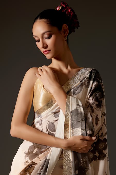 Buy_Rohit Bal_Cream Crepe Gota Patti Flower Blossom Print Saree And Unstitched Blouse Piece Set _Online_at_Aza_Fashions