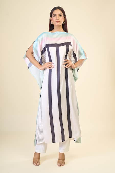 Buy Naintara Bajaj White Silk, Satin Boat Neck Street Stripe Print Kaftan Buy_Naintara Bajaj_White Silk, Satin Boat Neck Street Stripe Print Kaftan