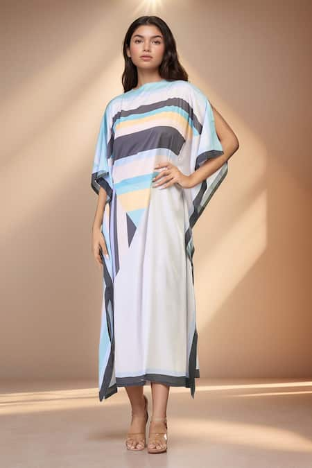 PAC FASHION CLOTHING Stripe Pattern Print Slit Sleeve Kaftan 