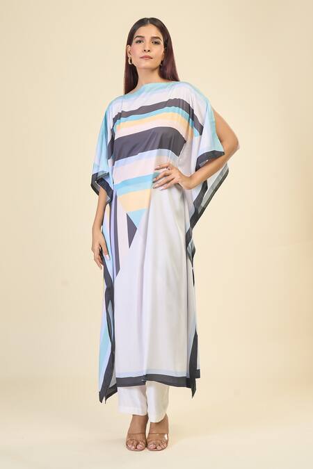 Buy Naintara Bajaj Blue Silk, Crepe Boat Neck Stripe Pattern Print Slit Sleeve Kaftan Buy_Naintara Bajaj_Blue Silk, Crepe Boat Neck Stripe Pattern Print Slit Sleeve Kaftan