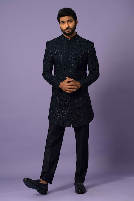 Yoseba Blue Wool Embroidery Hexagonal Cutdana Achkan With Pant 