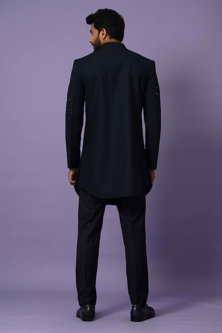 Shop Yoseba Blue Wool Embroidery Hexagonal Cutdana Achkan With Pant at Aza Fashions Shop_Yoseba_Blue Wool Embroidery Hexagonal Cutdana Achkan With Pant _at_Aza_Fashions