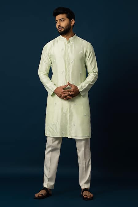 YOSEBA Green Kurta Bam Silk Embroidery Beads Tender Leaf With Pyjama 