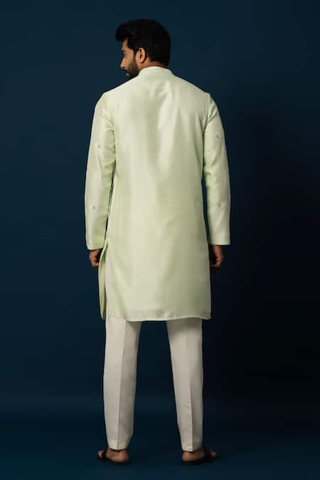 Shop_Yoseba_Green Bamboo, Cotton Embroidery, Beads Tender Leaf Kurta With Pyjama _at_Aza_Fashions