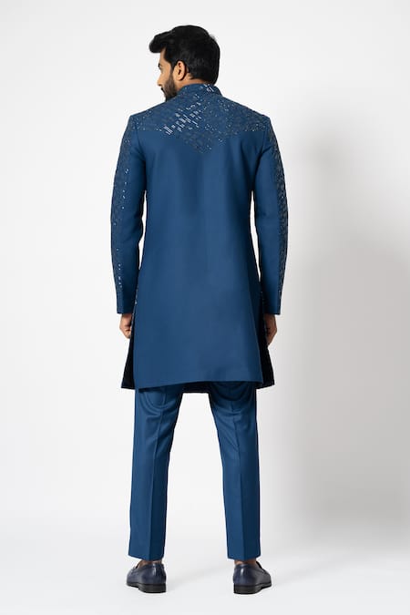 Shop Yoseba Blue Cotton Cut Work Azure Embroidered Achkan With Trouser at Aza Fashions Shop_Yoseba_Blue Cotton Cut Work Azure Embroidered Achkan With Trouser _at_Aza_Fashions
