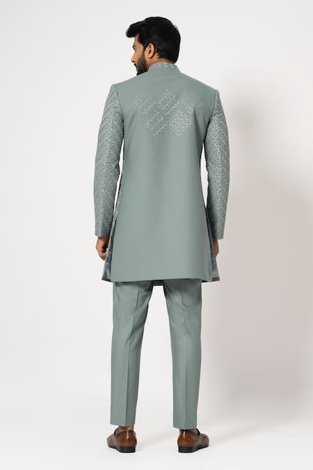 Shop Yoseba Grey Cotton, Polyester Embroidery Dove Achkan With Trouser at Aza Fashions Shop_Yoseba_Grey Cotton, Polyester Embroidery Dove Achkan With Trouser _at_Aza_Fashions