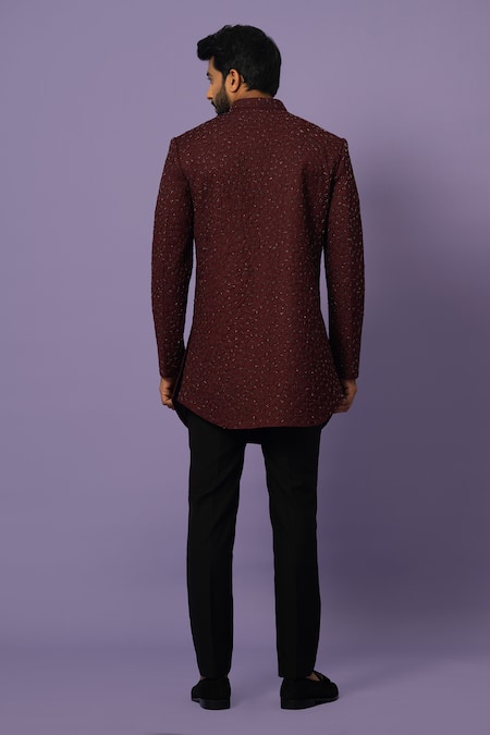 Shop_Yoseba_Blue Cotton Embroidery Abstract Embellished Achkan Set _at_Aza_Fashions