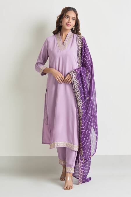 Shop Samyukta Singhania Purple Viscose, , Satin Embroidery, Lace V-neck Sleeve Kurta Set Shop_Samyukta Singhania_Purple Viscose, , Satin Embroidery, Lace V-neck Sleeve Kurta Set