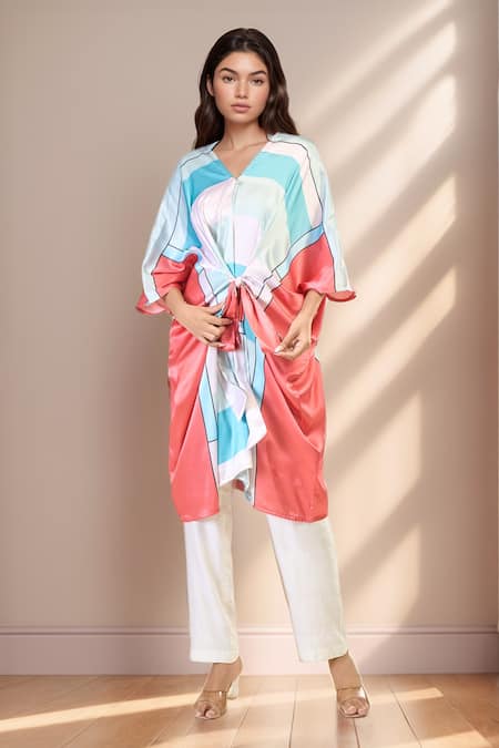 Samyukta Singhania White Soft Satin Silk Printed Abstract V-neck Modern Kaftan Dress 