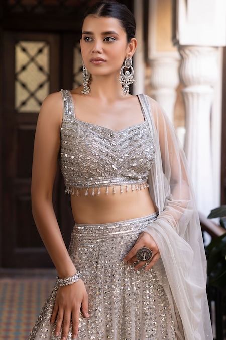 Shop_Basanti - Kapde Aur Koffee_Ivory Georgette, Net Sequins, Embroidery, Cut Work Sweetheart Lehenga Blouse Set _at_Aza_Fashions