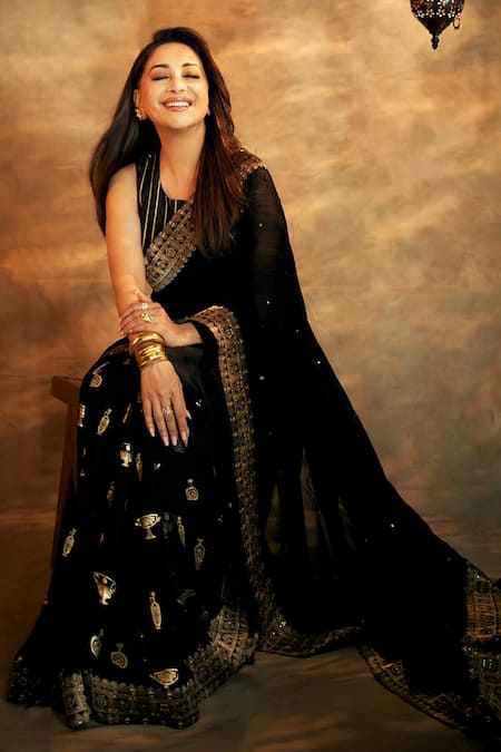 Shop_Masaba_Black Georgette, Potters Touch Border Half Saree With Unstitched Blouse Piece 