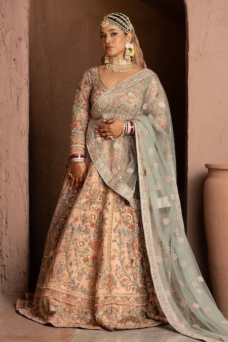 mehar Peach Soft Net Embroidered Zari Leaf And Resham Bridal Lehenga Set 