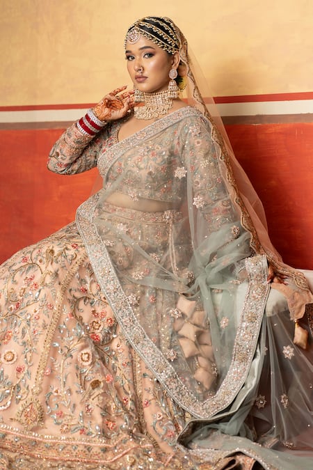 Buy_Mehar_Peach Net Embroidery, Sequins, Zari, Stones And Resham Bridal Lehenga Set _Online_at_Aza_Fashions