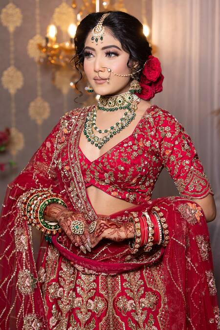 Buy_Mehar_Red Silk Embroidery, Zari Asymmetric Jaal And Kasab Bridal Lehenga Set _Online_at_Aza_Fashions