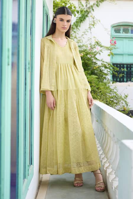 RAAS LIFE Yellow Chanderi Striped Heer Tiered Maxi Dress With Jacket 