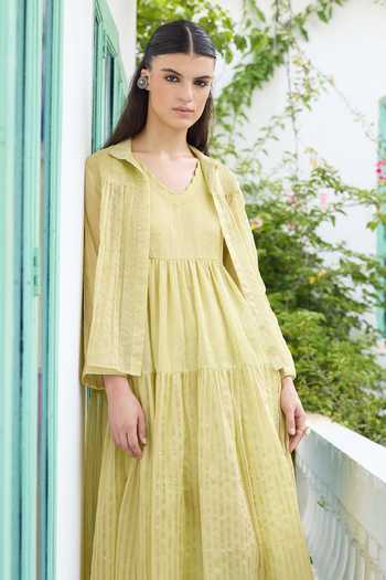 Raas Life_Yellow Chanderi Scoop Neck, Heer Striped Handwoven Tiered Maxi Dress With Jacket _Online_at_Aza_Fashions